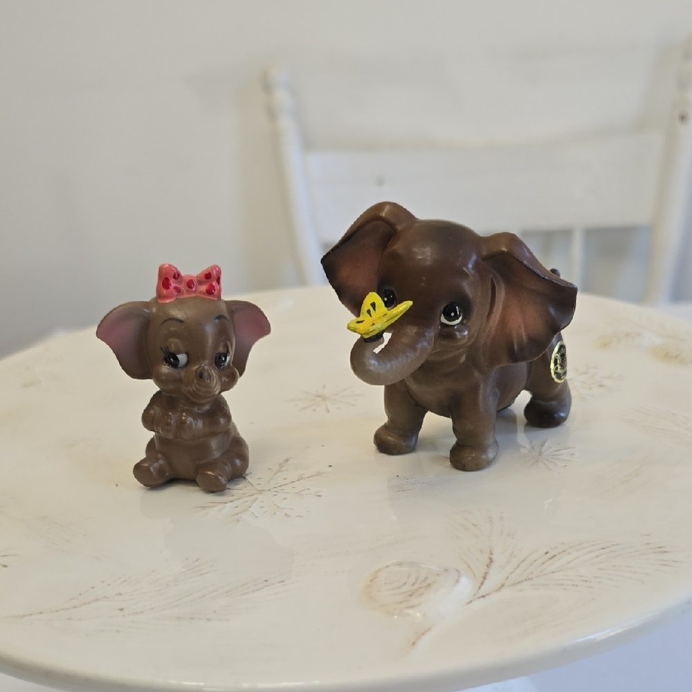 Vintage Josef Originals Set Of 2 Mini Ceramic  Elephants Butterfly Bow George